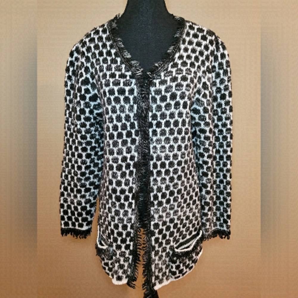 KEREN HART Cardigan, Black and White with Fringe Detail, Size Medium